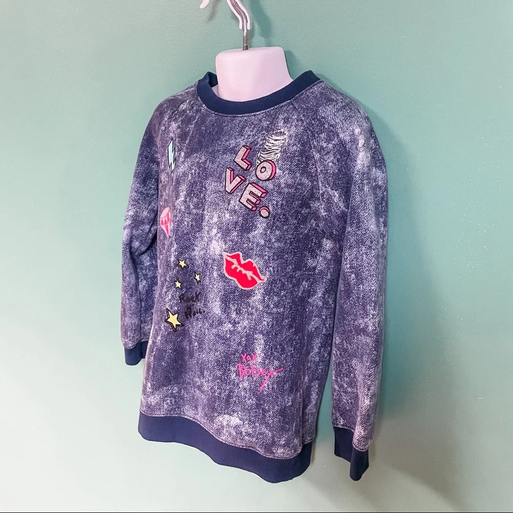Betsey Johnson Blue Graffiti Embellished Long Sleeve Crewneck Sweater Girls 6
